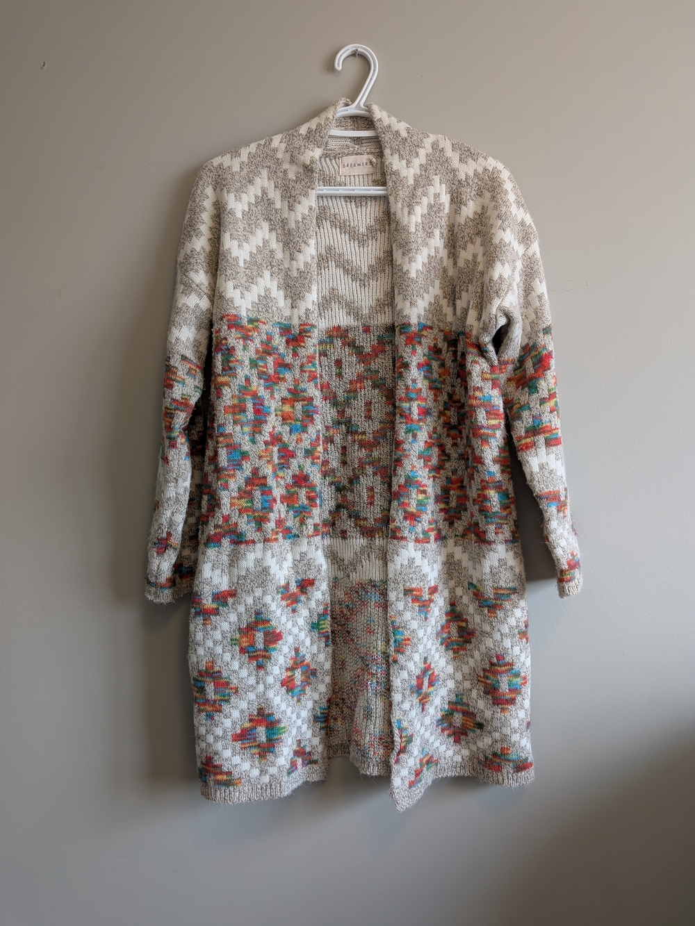 Boho Open-Front Cream Multicolor Knit Cardigan Sweater